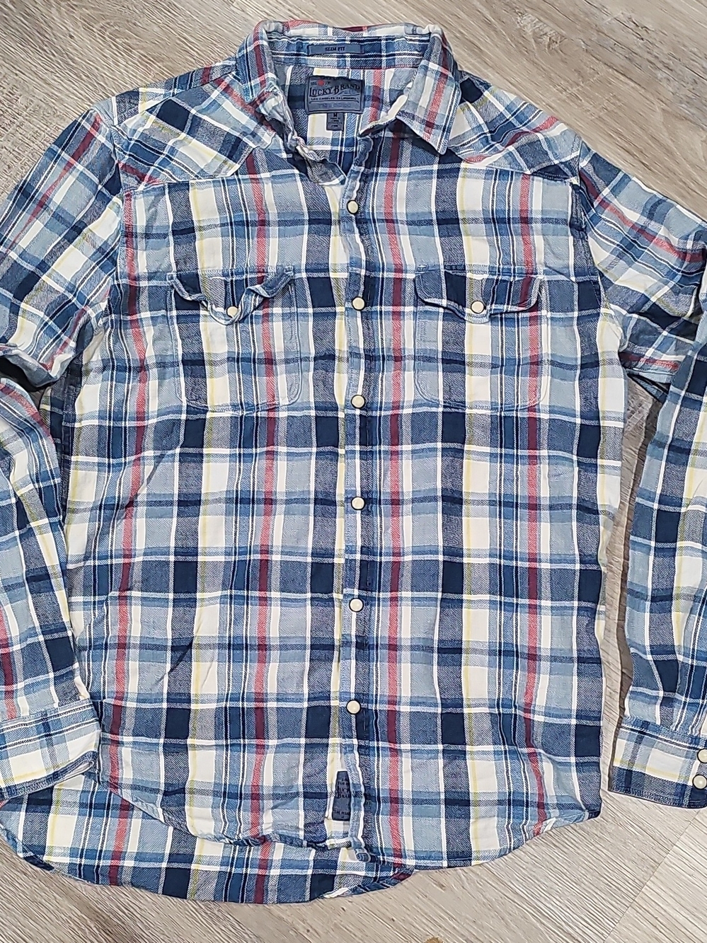 Lucky Brand Men's Flannel Blue, White & Red Plaid Button-Down Shirt